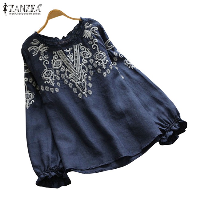 ZANZEA Women Long Sleeve Ruffled Floral Embroidered Blouse | Shopee ...