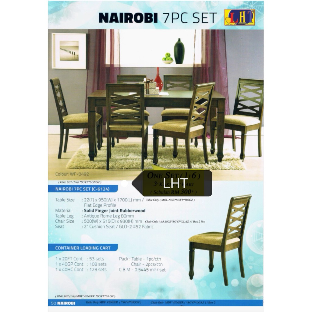 2023 Model *NAIROBI* Dining Set 1+6 Chairs Cushion Seat ( Solidwood