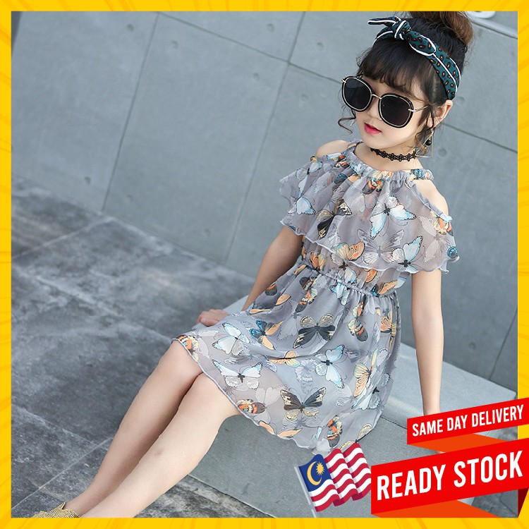 GOSB 5-9 Years Old Baby Girl Flare Sleeveless Shoulder Butterfly Print  Chiffon Dress For Kids Children Dress Ready Stock | Shopee Malaysia