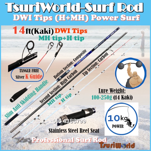 SET 2 Tips] TsuriWorld Surf Rod Pantai Dwi tip (tip H+MH) 14ft 14Kaki K  Guides 3-Piece Spinning Fishing Rod Joran Ikan