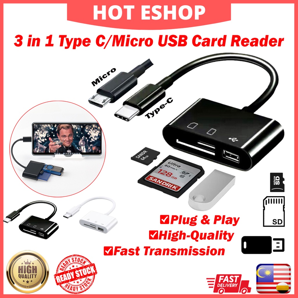 3 in 1 Type C USB Card Reader Memory Card Reader Support SD Micro-SD ...