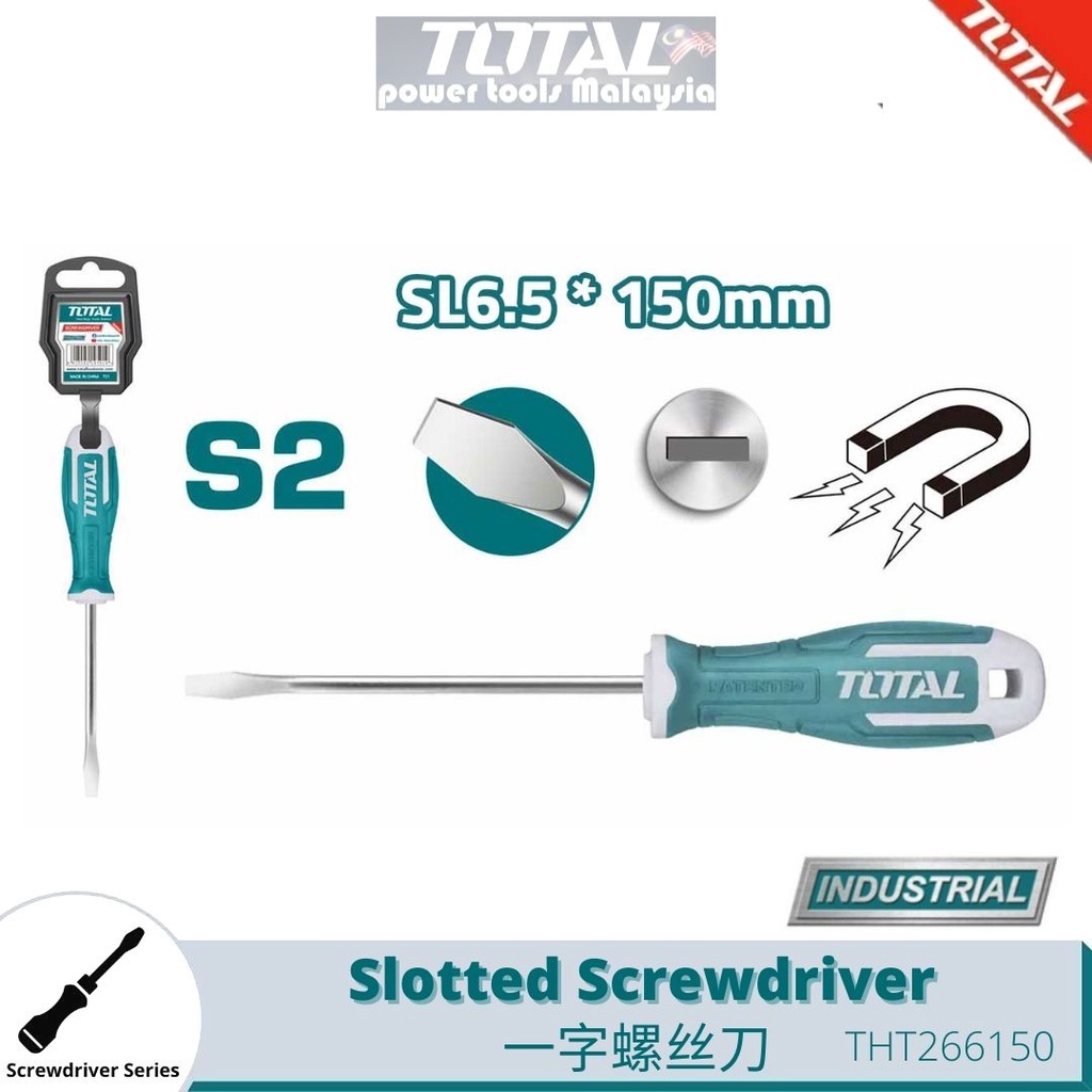 TOTAL Slotted Screwdriver (-) SL6.5mm * 150mm S2 Steel (Magnetic tip ...