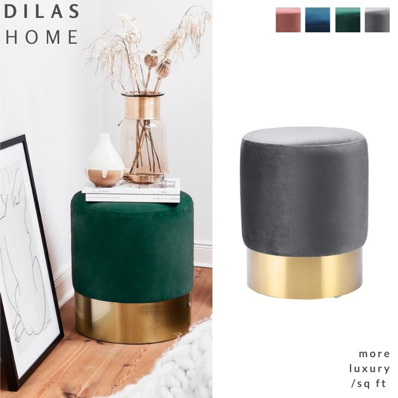 STOCK CLEARANCE Gold Brass Velvet Pouf Ottoman with Gold Plating Base