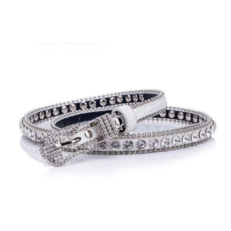 Crocodile pattern belt Pu imitation leather women's single row Diamond ...
