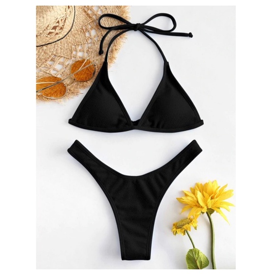 High Cut Lace Up Halter Bikini Set Women Sexy Solid Push Up Bikini Two