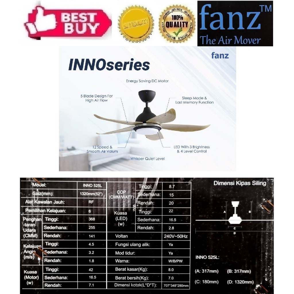 [FANZ] 52" Remote Control Ceiling Fan (INNO 525L) (PINEWOOD) (DC Motor) (6 Speeds) (TriColour