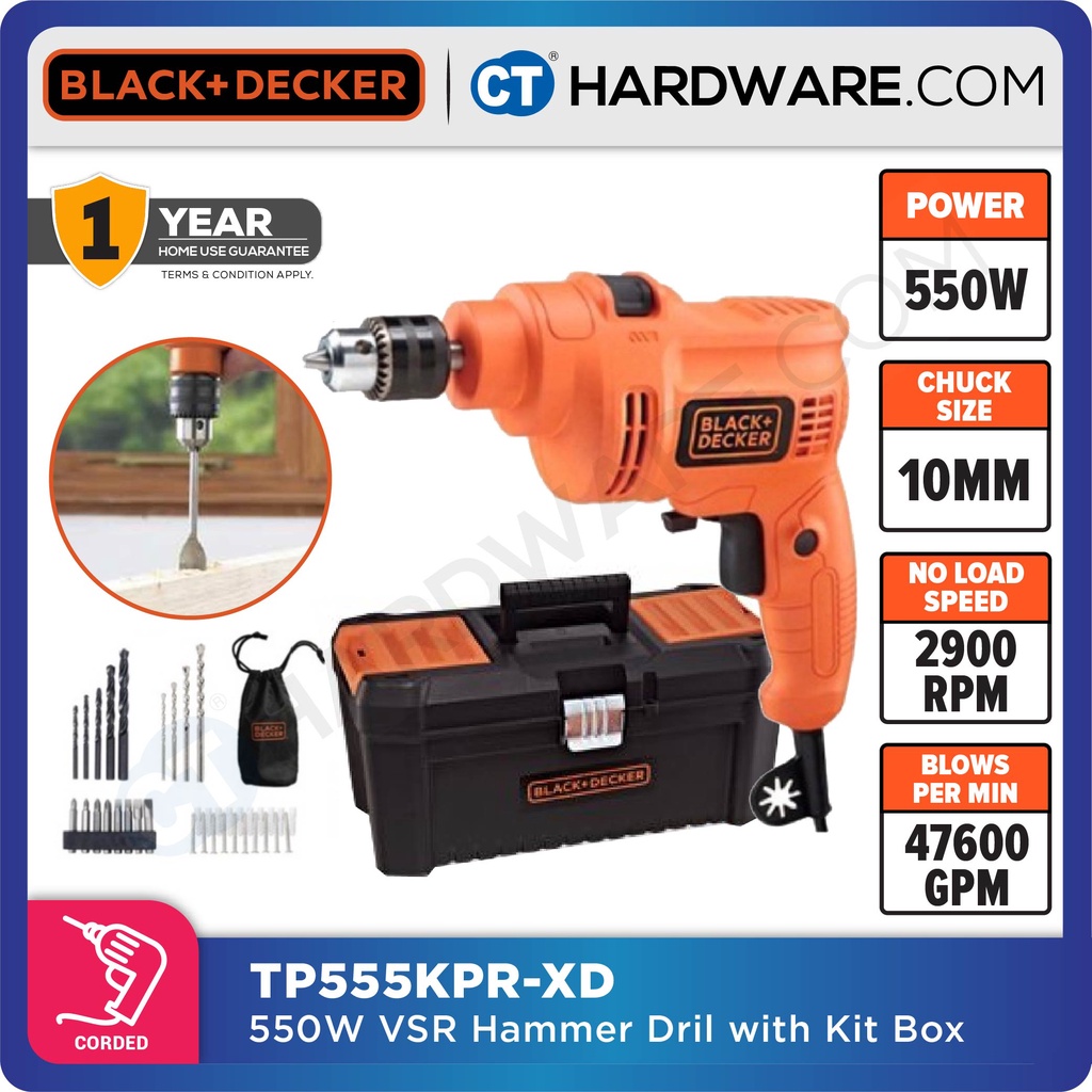 BLACK & DECKER Hammer Drill 10mm with Toolbox & Accessories (TP555KPR-XD)