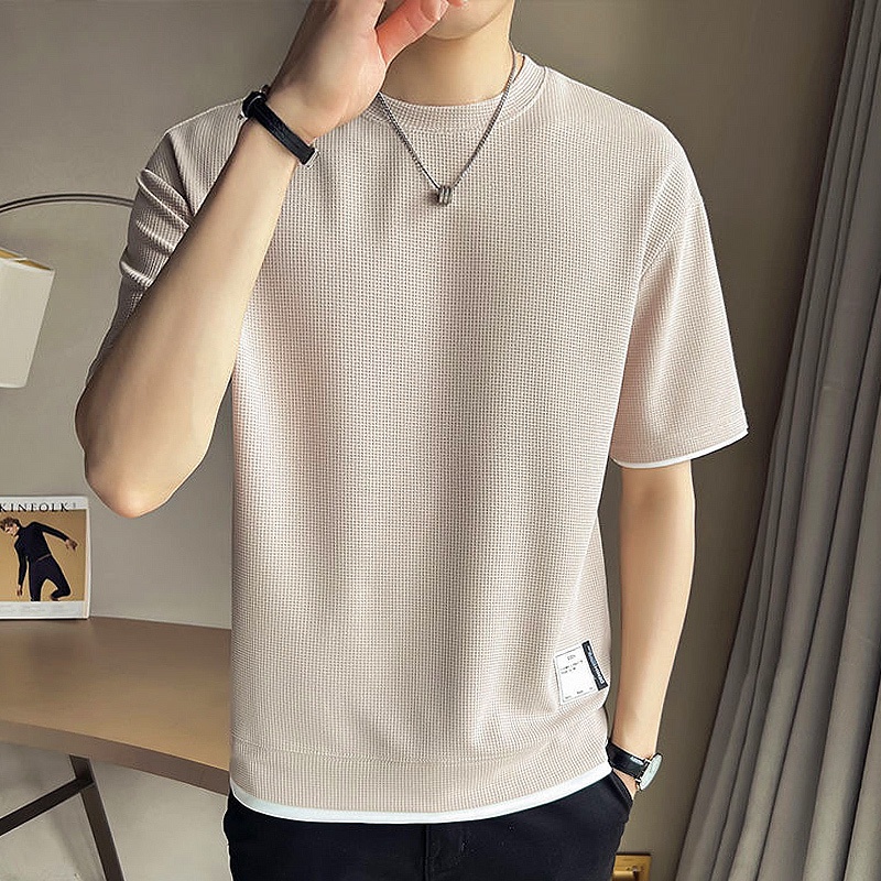 Summer Waffle Shirt Korean Style Fashion All Match Breathable Fake Two ...