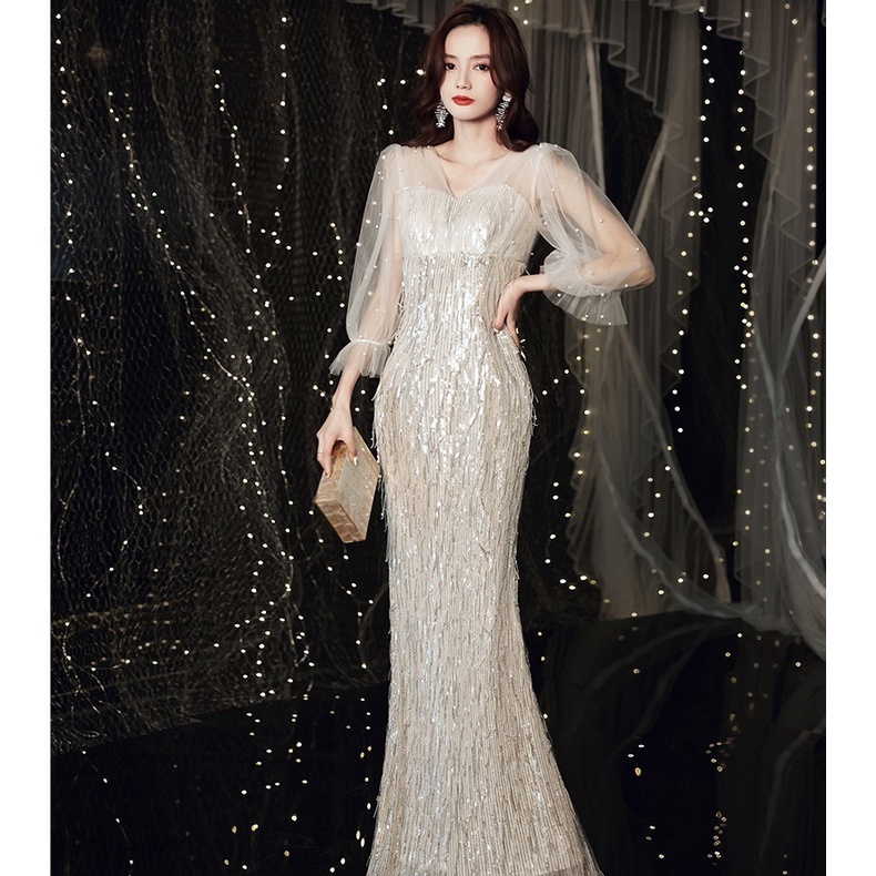 ready stock Elegant Sequins Banquet Evening Dress Fairy Temperament Long  Sleeve Slim Fishtail Dresses Dinner Birthday Long Host Gown | Shopee  Malaysia