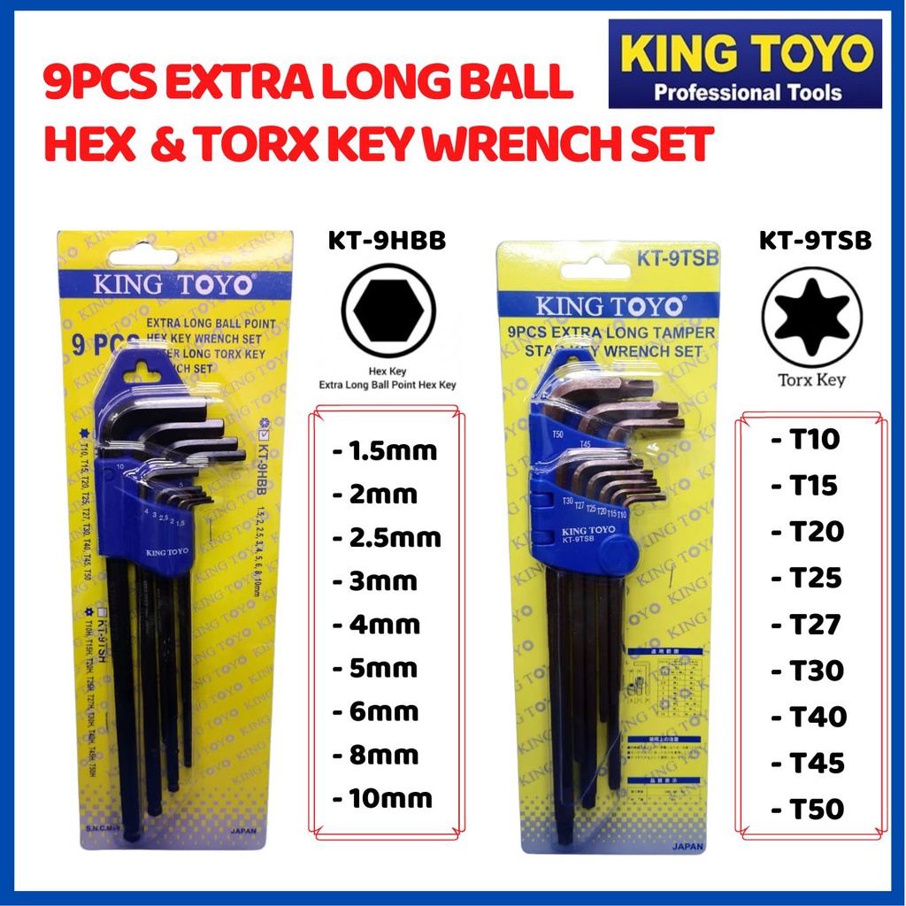 Long Allen Hex Key 1.5mm - 10mm and Short Torx Tamper Key T10 - T50 18pcs