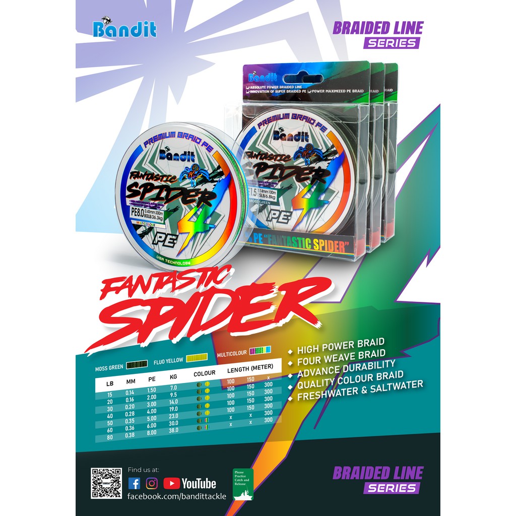 BANDIT FANTASTIC SPIDER BRAIDED LINE-MULTICOLOR 300MTR , PE Fishing Line /  Tali Pancing Sulam.