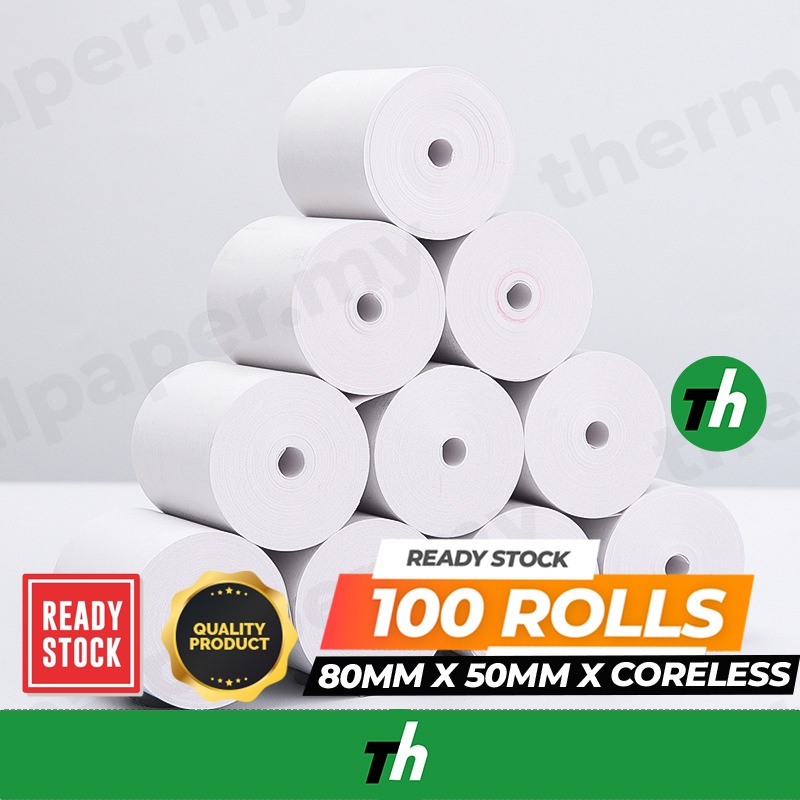 80mm x 50mm x Coreless (100 Roll/Box) Thermal Receipt Paper Roll/Resit ...