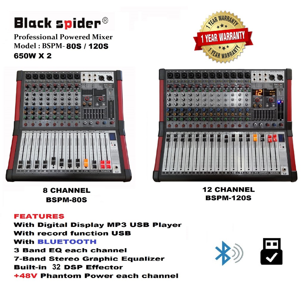 BLACK SPIDER 8 ,12 Channel Power Mixer With USB Player & Bluetooth