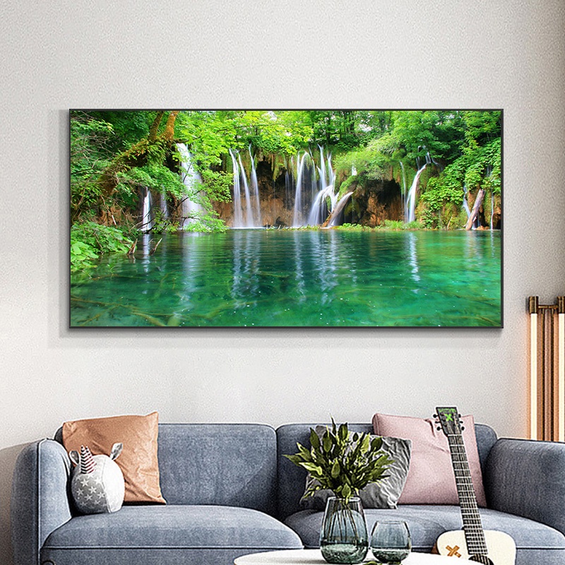 Landscape Natural Waterfall Canvas Painting Green Tree Forest Posters ...