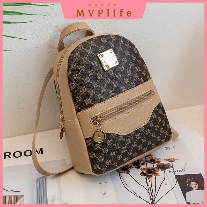 Female Backbag Bag Small Backpack Beg Galas Belakang Perempuan Mini Bagpacks Women Korean Pu Leather Zip Hit Color Printing Retro Shopee Malaysia