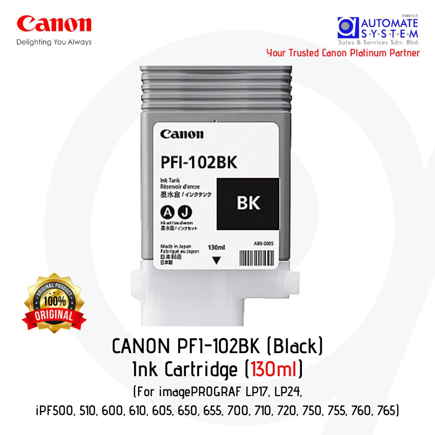 Canon PFI-102 (130ml) Ink Cartridges | iPF Series | LP17, LP24, iPF500,  510, 600, 610, 605, 650, 655, 700, 710, 720, 750