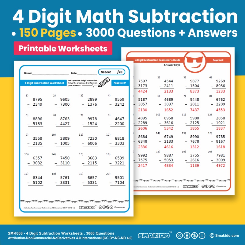 3000 Questions ️4 Digit Subtraction Math Worksheets ️Latihan Tubi ...