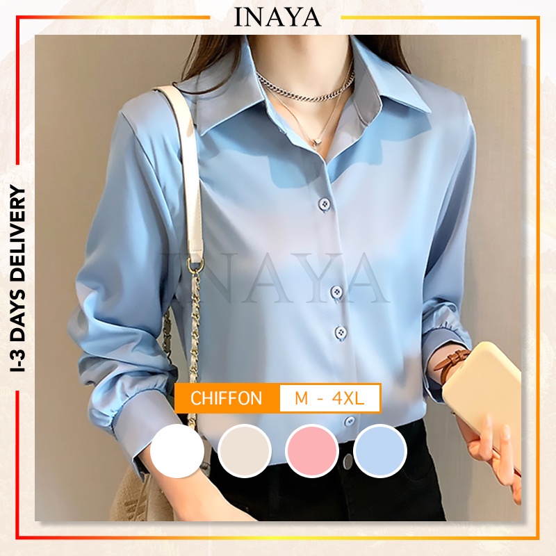 Inaya Women Loose Chiffon Blouse Office Wear M 4xl Long Sleeve Shirt