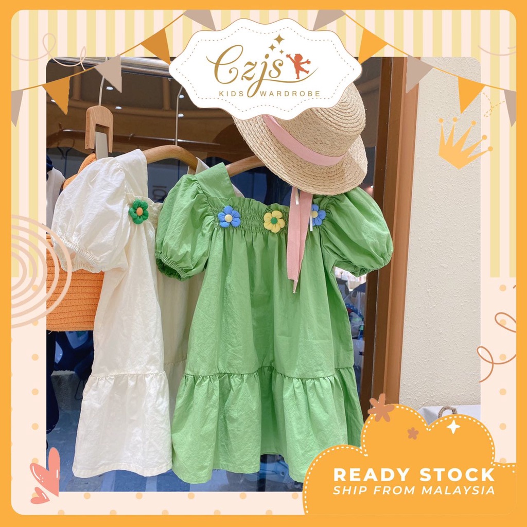 CZJS Girl's Dress Korean Style Flower Dress with Puff Sleeves 27 Years