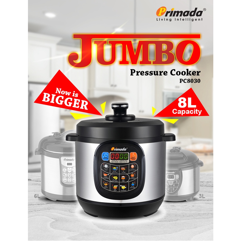 Primada 8 Liter Jumbo Pressure Cooker PC8030 1 NON STICK POT FREE 1 STAINLESS STEEL POT 1 STEAM RACK Shopee Malaysia