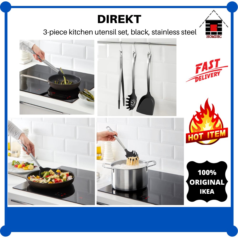 DIREKT 3-piece kitchen utensil set, black, stainless steel - IKEA