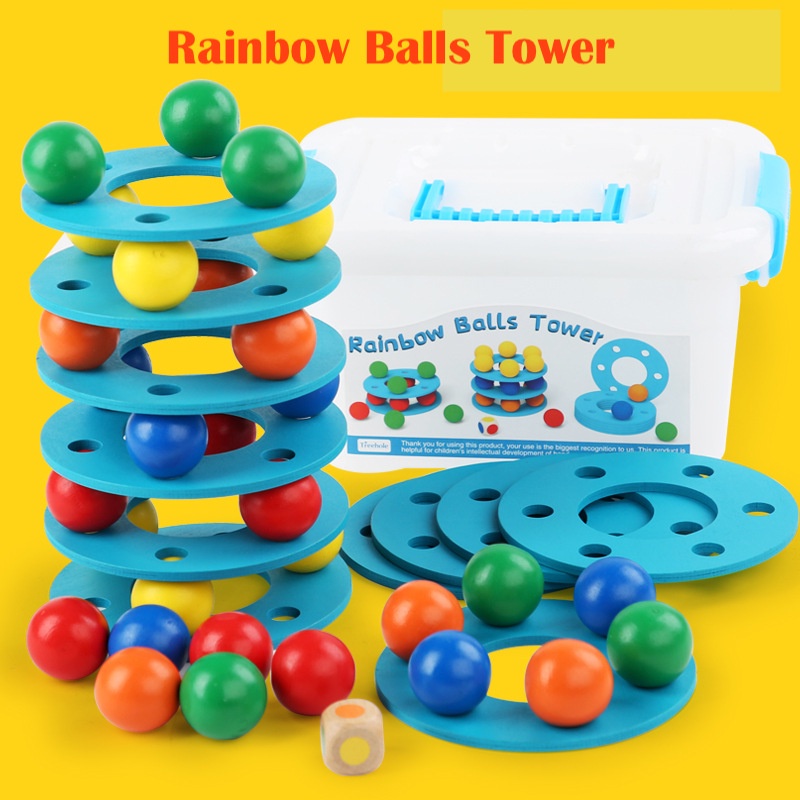 Wooden Rainbow Balls Tower Stacking Game, Fine Motor Skill Montessori ...