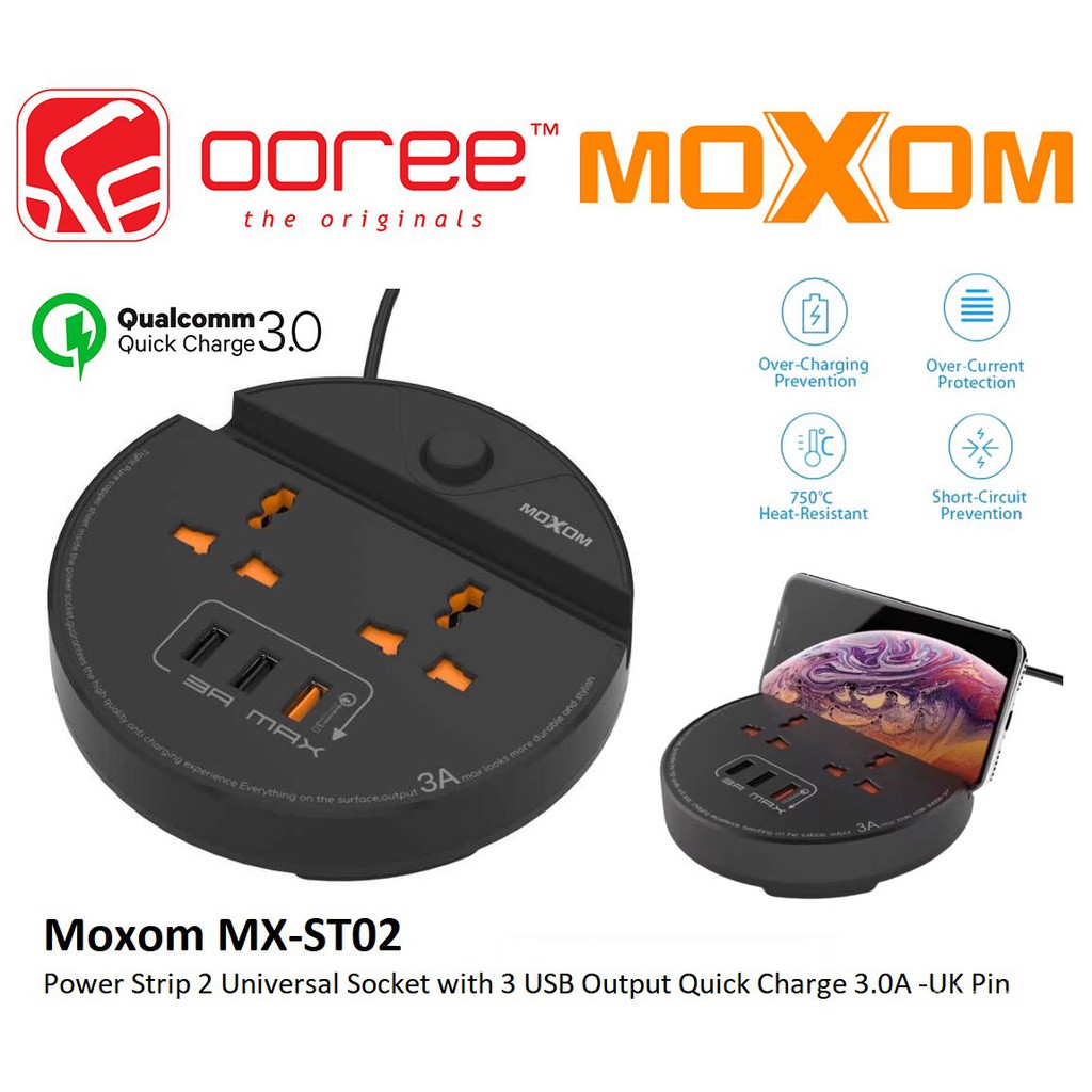 MOXOM MX-ST02 EXTENSION SOCKET MOVIE GROOVE QUALCOMM QUICK CHARGE 3.0A ...