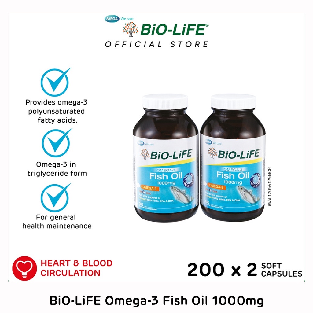 BiOLiFE OMEGA3 Fish Oil 1000mg (200's x 2) [Exp Aug 2024] Shopee