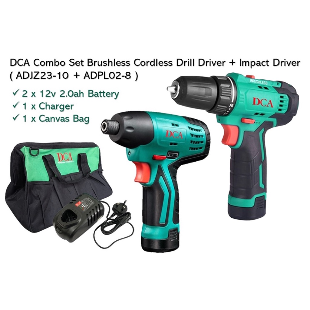 DCA 12V Combo Brushless Cordless Driver Drill + Impact Driver with 2