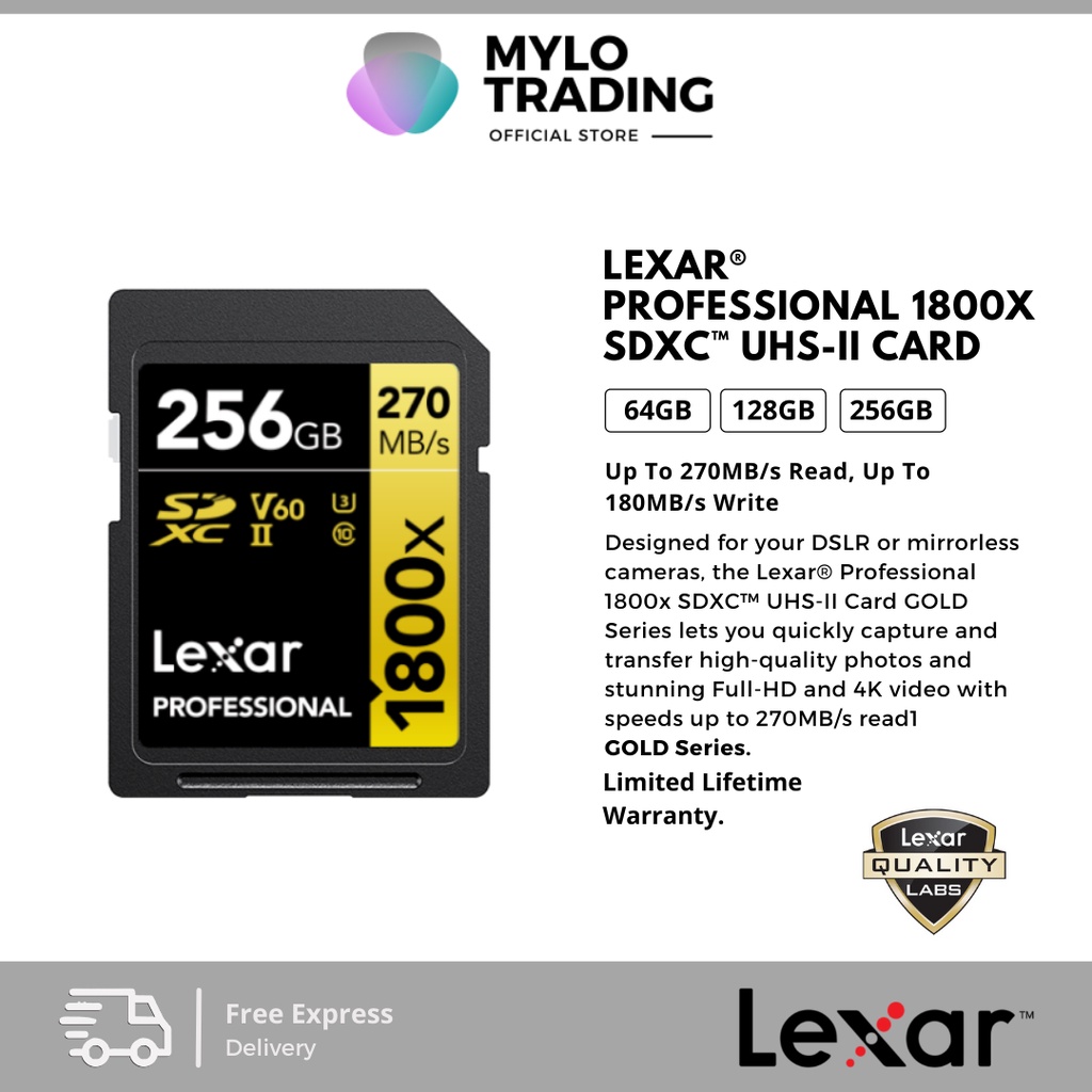 Lexar 64GB 128GB 256GB Professional 1800x SDXC UHSII, 270MB/s 180MB/s Memory Card High Speed
