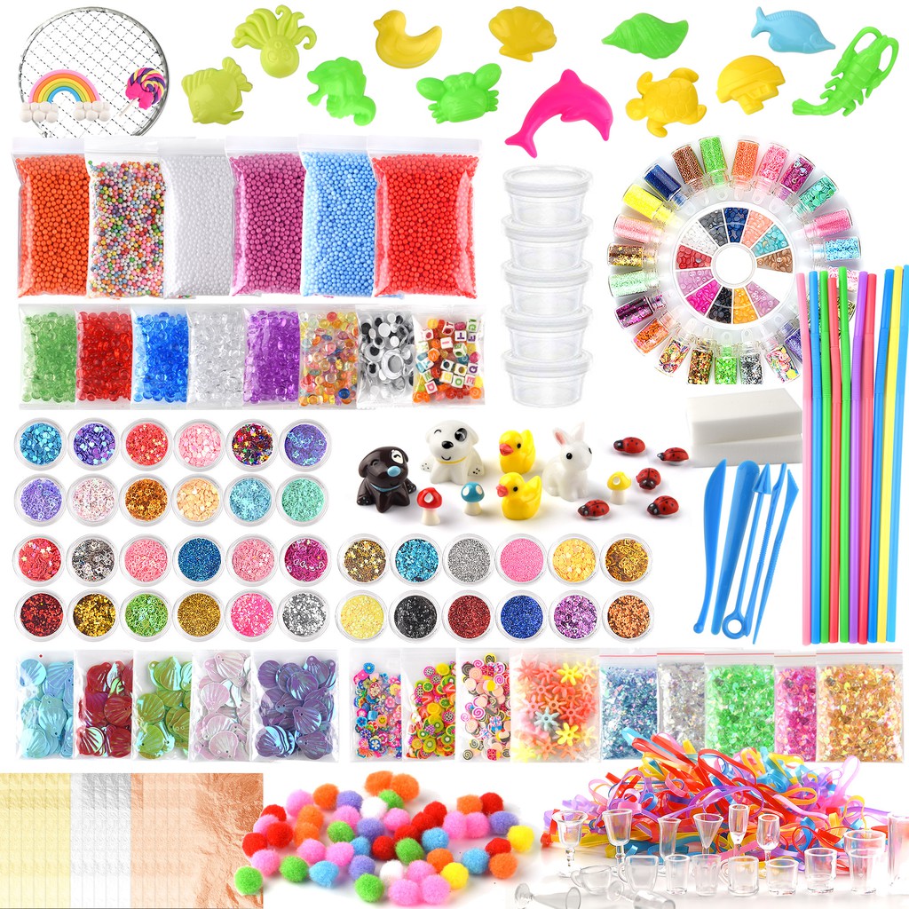 Slime Supplies Kit, 205 Pack Add Ins Slime Kit for Kids Girls Slime Making,  Including Foam Balls, Glitter, Fishbowl Beads, Charms, Clear Containers by