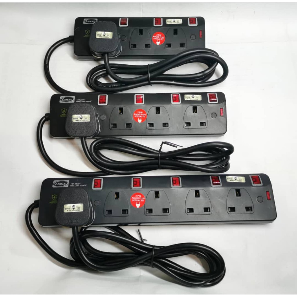 LEMAX 3 GANG EXTENSION SOCKET WITH SURGE PROTECTOR & NEON 2 METER