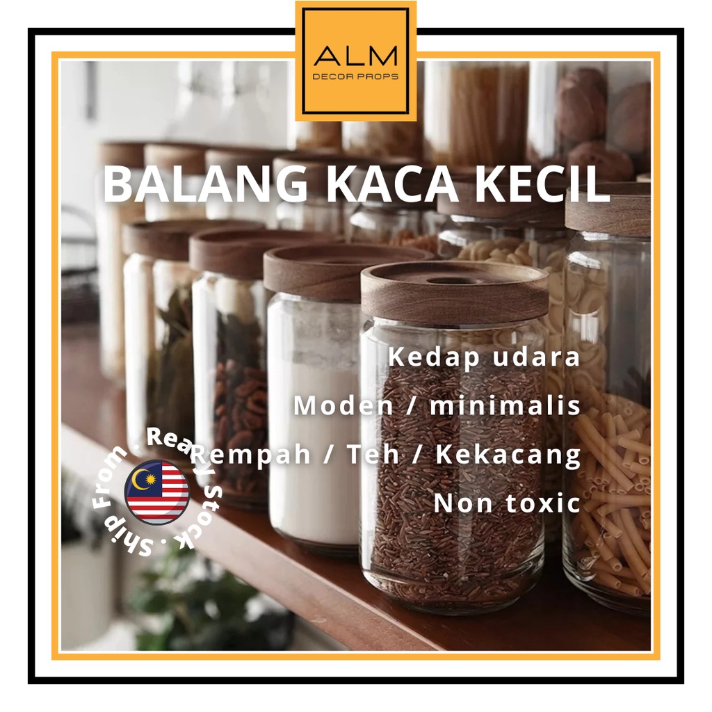 ALM Wood Lid Container Glass Airtight Bottle Cereal Spice Food ...