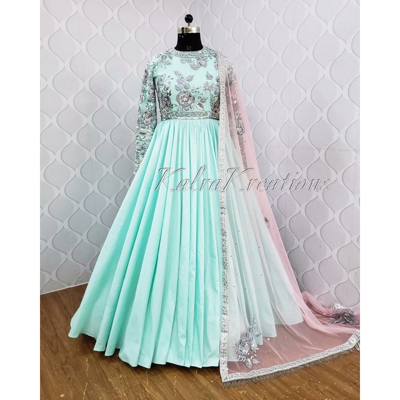 Heavy Real Georgette Party Wear Gown In Turquoise Color With Embrodiery Work