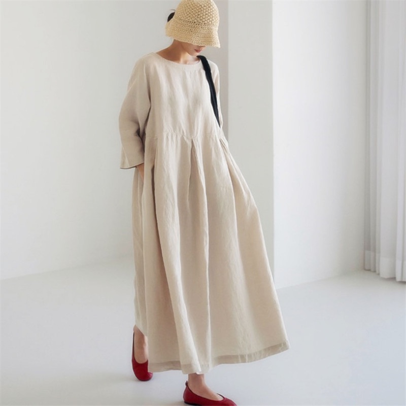 Ready Stock]Women Long Sleeve Dress Korean Cotton Linen Dresses Loose Solid  Colors Long Length | Shopee Malaysia