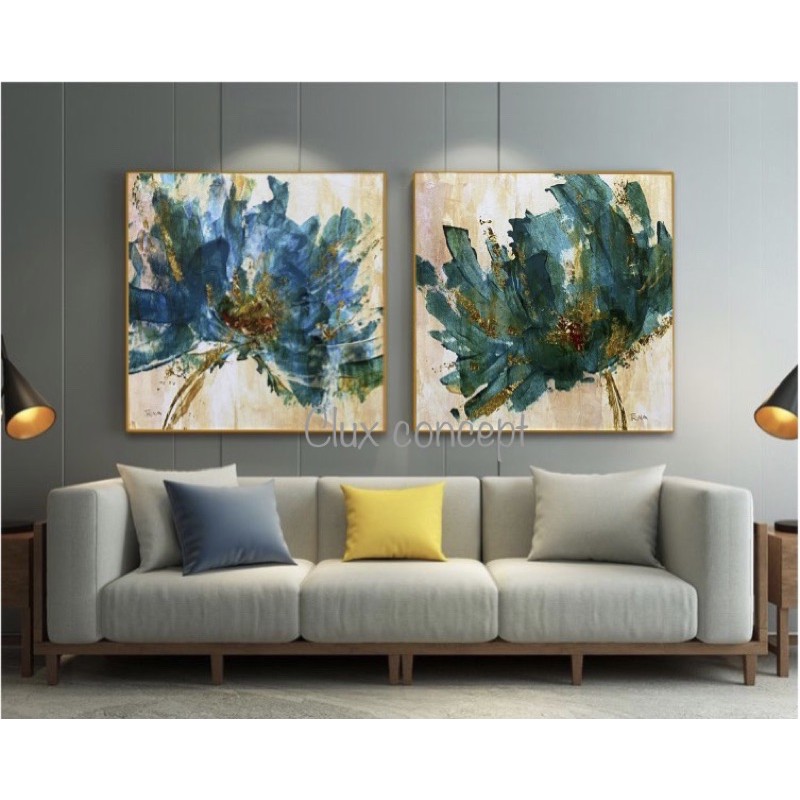 (Set of 2 with framed) Blue and Gold Foil Abstract Art Floral Wall