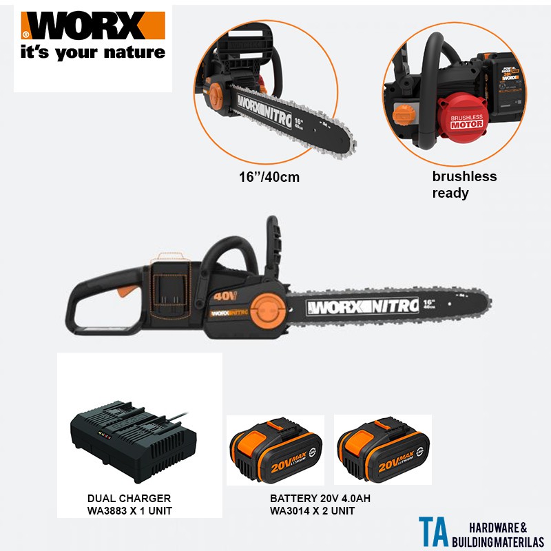 WORX WG385E BRUSHLESS LITHIUM ION CORDLESS CHAIN SAW 20V X 2 40V