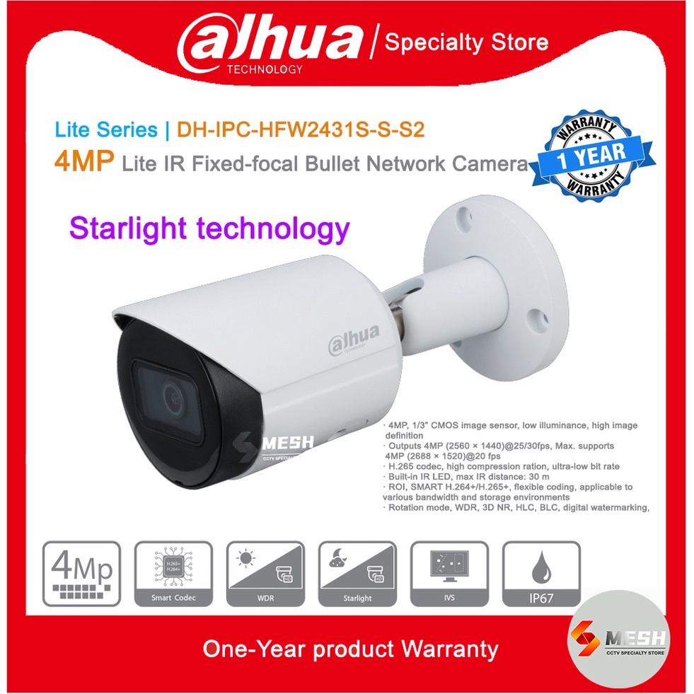 Dahua Telecamera IP Lite IPC-HFW2431S-S – 4MP (2688x1520) – Interno/Esterno, Montaggio A Parete - 2