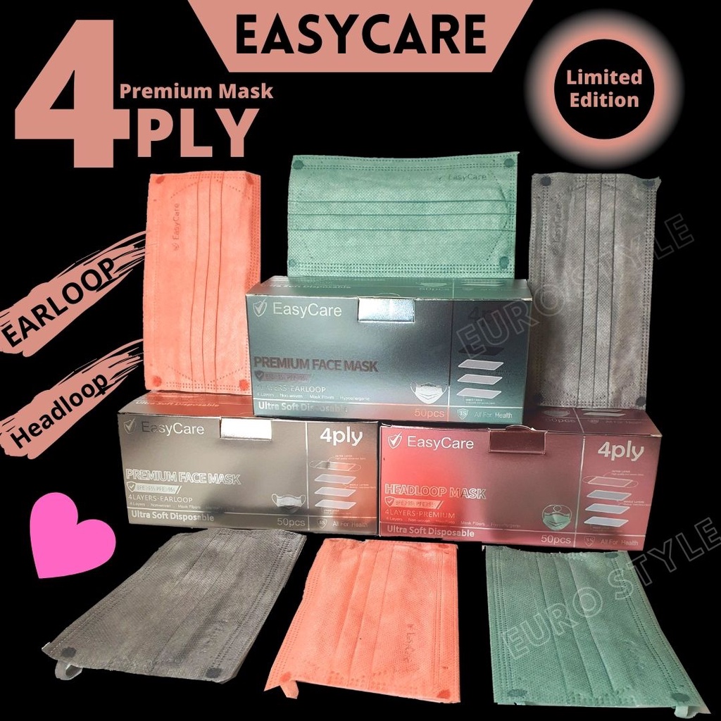 [ready Stock] Easycare Color Face Mask Earloop Headloop 50pcs 3ply 4ply With Box Disposable