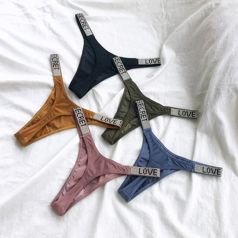 Sexy Women Pantie Crystal Rhinestone Underwear Fitness Gym Thongs Low