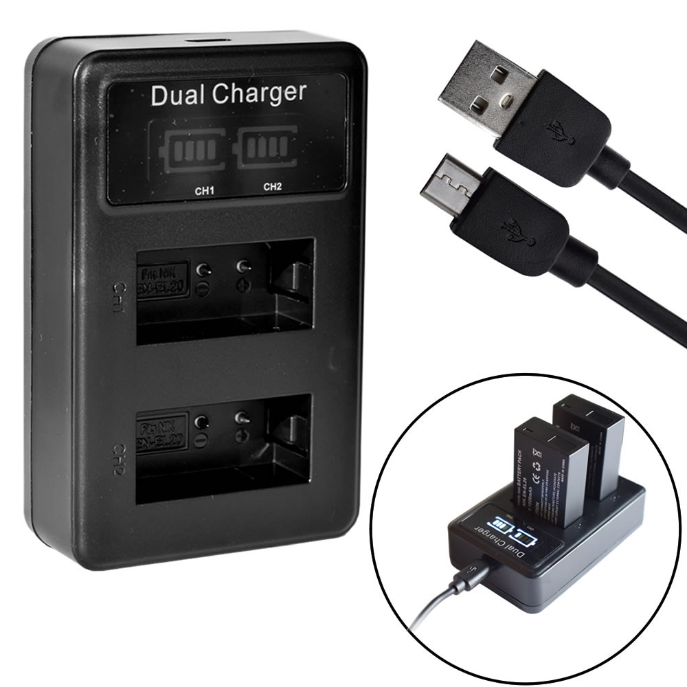 2pcs EN-EL20 EN-EL20a Batteries and Smart LCD Display Dual USB Charger for Nikon Coolpix P950, P1000, DL24-500, Coolpix A, 1 AW1, 1 J1, 1 J2, 1 J3, 1 S1, 1 V3 Digital