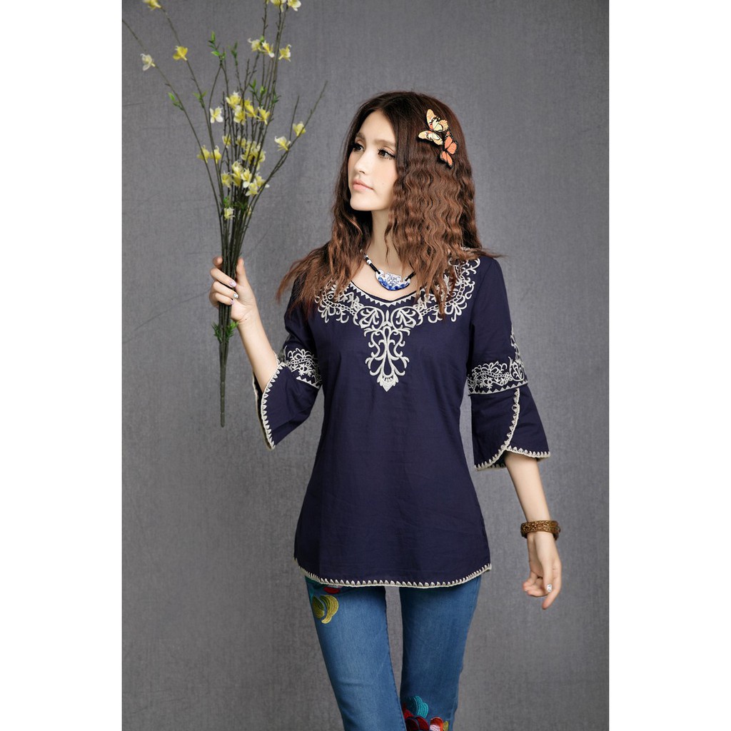 Muslimah Clothing Floral Shirts Indian Tops Cotton Loose Plus Size Women Embroidery Blouse Shopee Malaysia