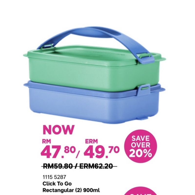 Tupperware (1Handle & 2 lunch Box)Click To Go Lunch Box 900ml | Shopee