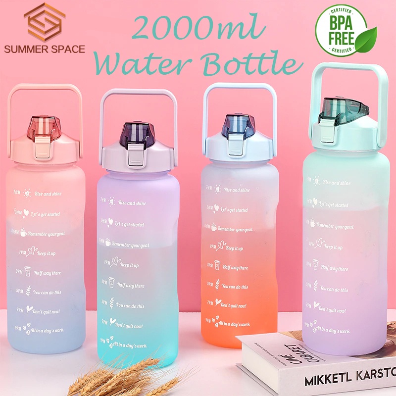 2L Sports Water Bottle Large capacity Straw Time Gradient Water