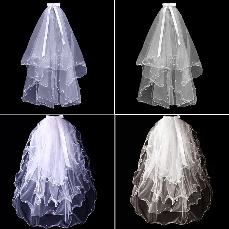 Bridal Veil Wedding Dress Short Four-Layer Pearl Bow Knot Beaded ...