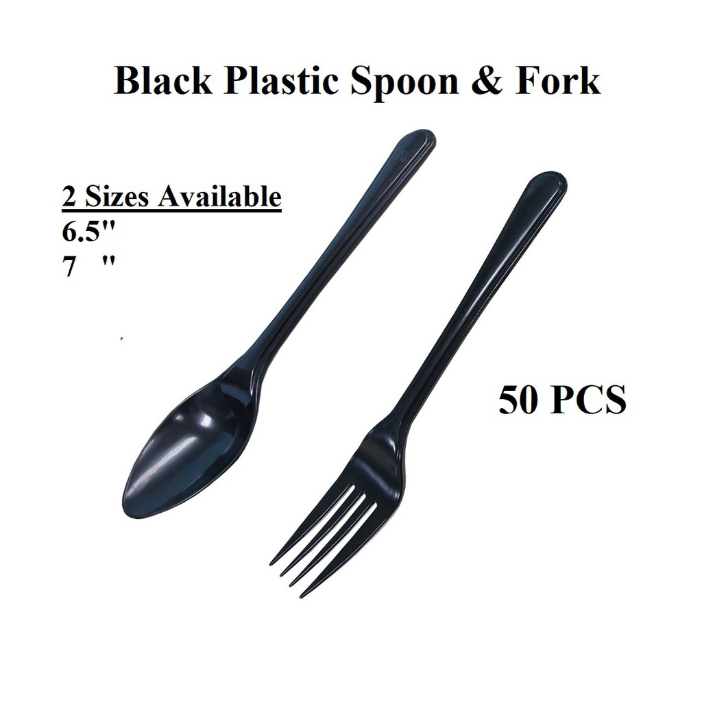 (50 PCS) Plastic Party Spoon & Fork Black/ Disposable Plastic Cutlery ...