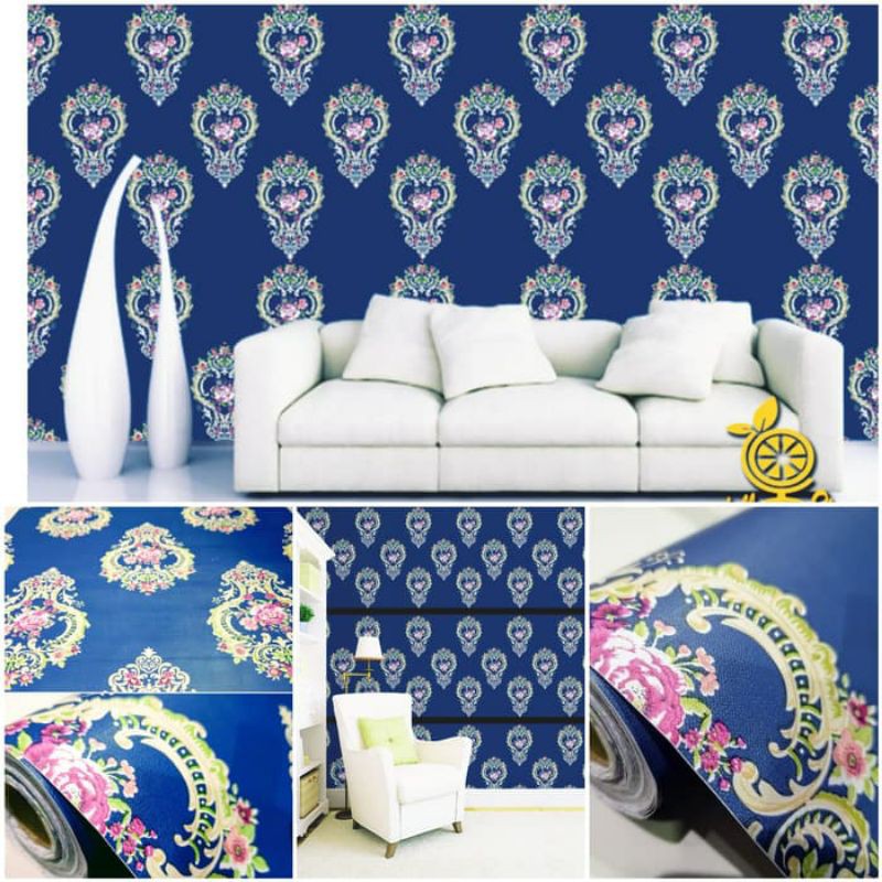 Premium Contemporary Damask Blue Batik Wall Sticker Wallpaper with ...