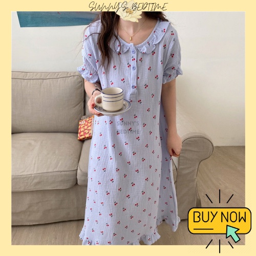 SUNNY 100 Cotton Nightdress Nightgown Long Dress Cherry Cute Pajamas Short Sleeve Dress Ins Style Vintage Pyjamas Women Shopee Malaysia