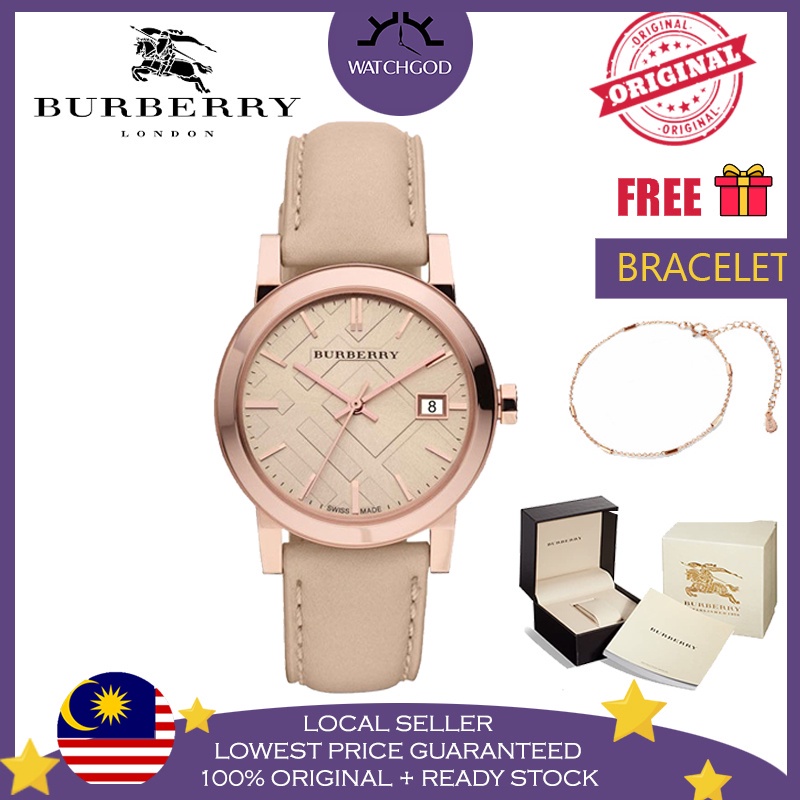 100 Original Free Bracelet Burberry BU9109 Beige Leather Stainless Steel Women Watch Jam Tangan Perempuan Wanita