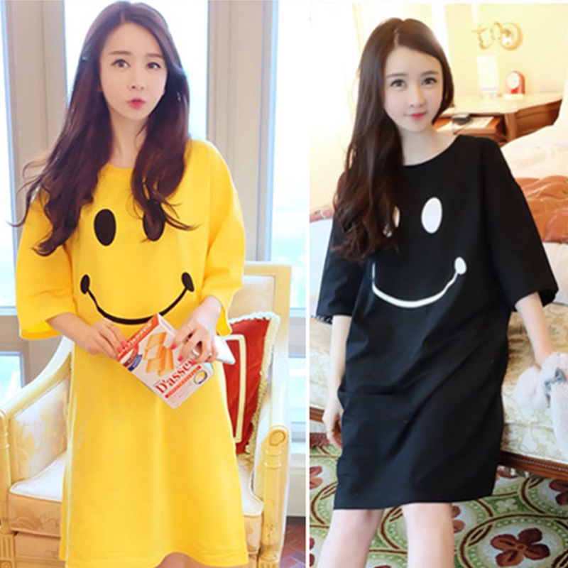 Women Long T shirt Pajamas Cotton nightdress Print Smile Cute